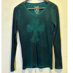 VTG Velvet and Stone Womens M Rhinestone Embellished Cross Top Hunter Green Goth